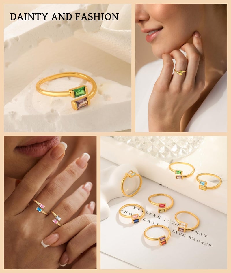 Honsny Gold Birthstone Rings for Women Non Tarnish 14K Gold Plated Adjustable Emerald Ring Cubic Zirconia Gemstone Promise Ring for Her Engagement Personalized Waterproof Jewelry Gifts for Birthday - Image 5